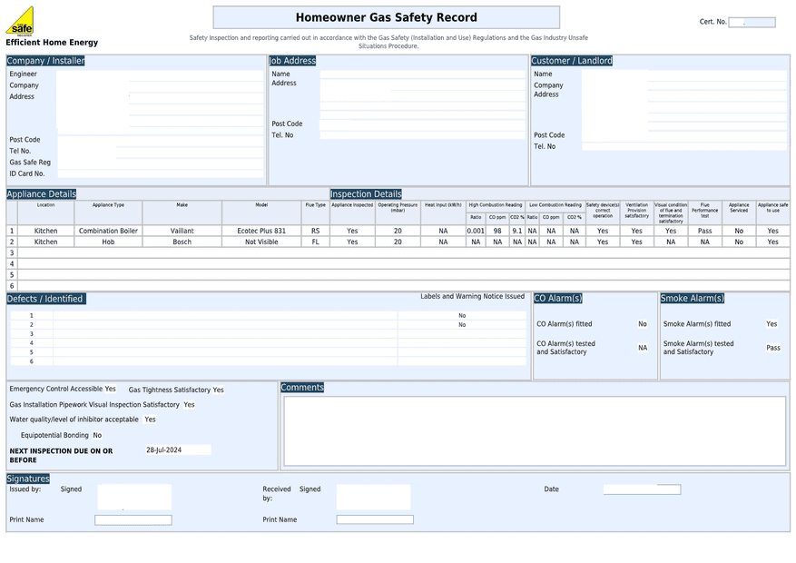 UK Gas Safety Certificate